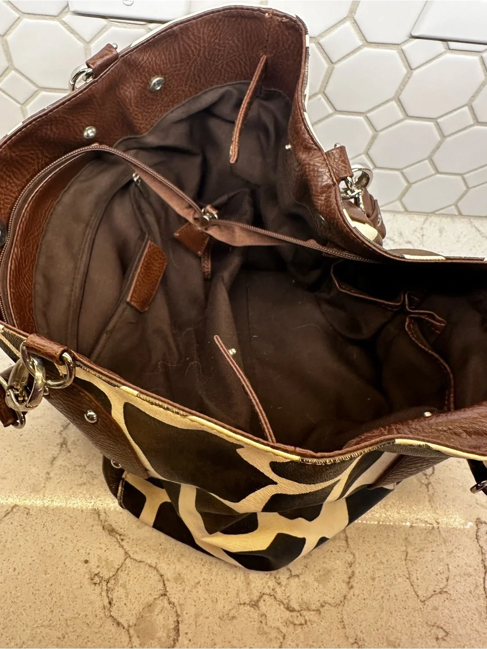 Dooney & Bourke Brown and Cream Giraffe-Print Leather Shoulder Bag